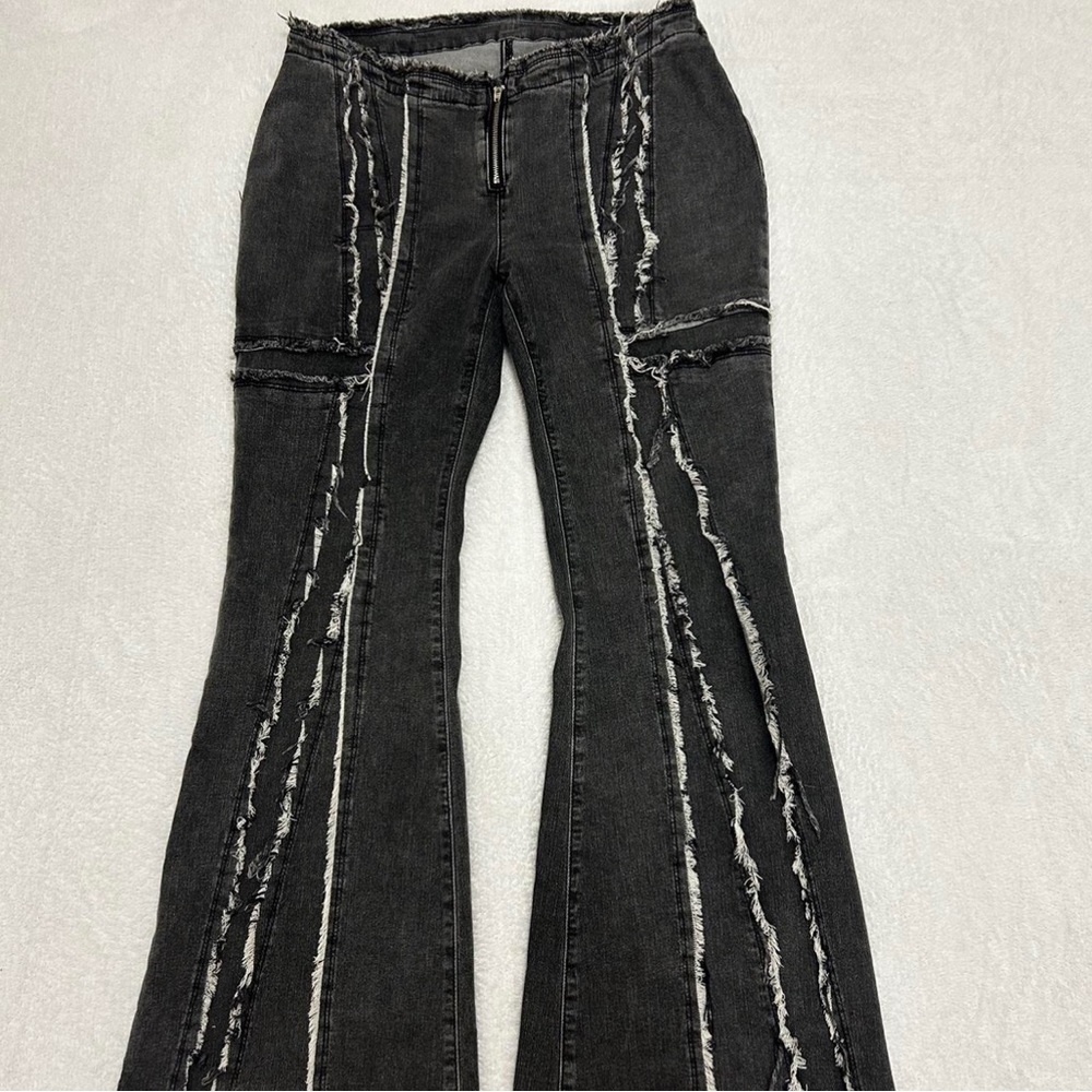 grey flare low rise pants